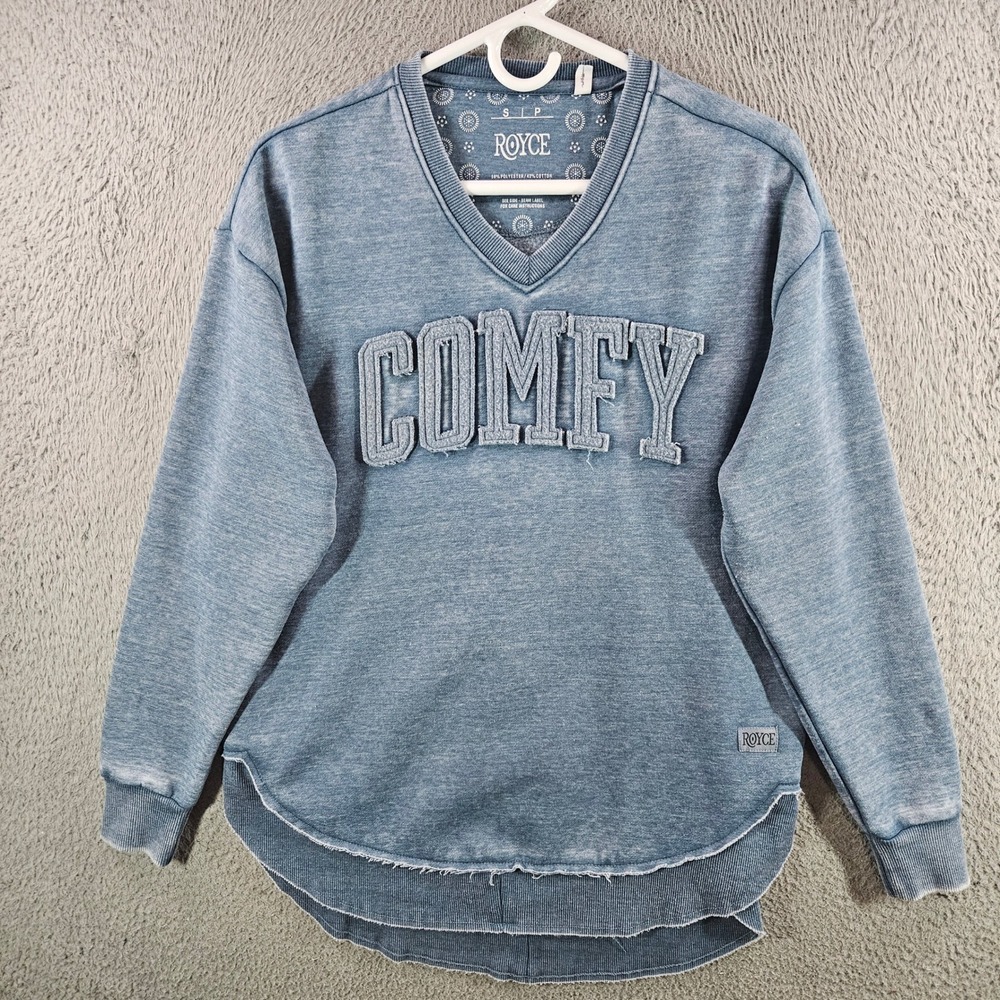 Royce Womens Comfy V-Neck Sweatshirt Blue Heathered High Low Hem Size S
